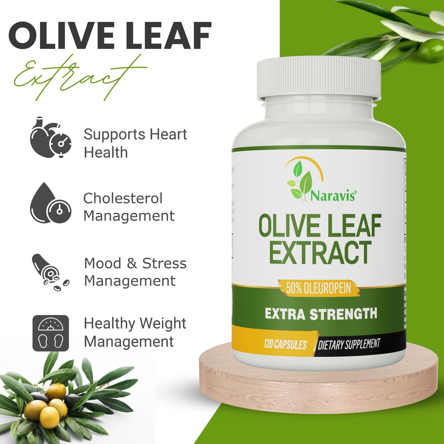 Naravis Olive Leaf Extract – 50% Oleuropein – Immune Support – 120 Capsules (4-Month Supply)