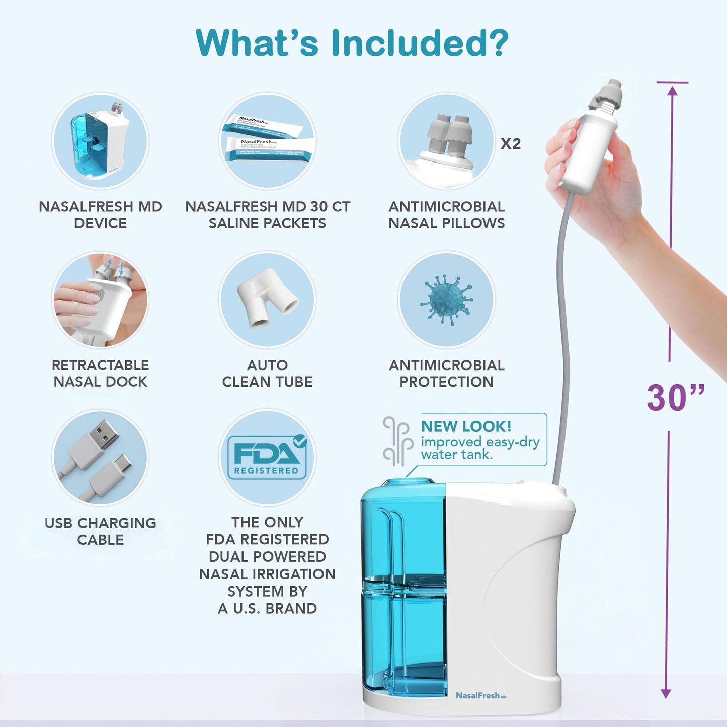 NASALFRESH MD Dual Powered Nasal Irrigation System – Rechargeable, 30 Saline Packets, 2 Nose Pillow Sets