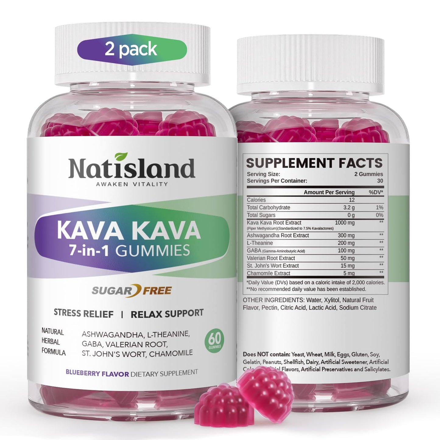 NATISLAND Kava Gummies – 7-in-1 Stress Relief, Sugar-Free & Vegan (2-pack)