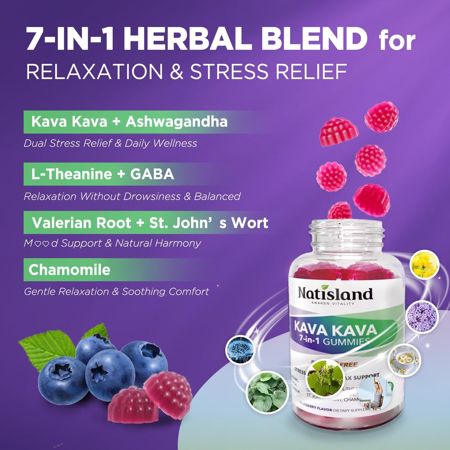 NATISLAND Kava Gummies – 7-in-1 Stress Relief, Sugar-Free & Vegan (2-pack)