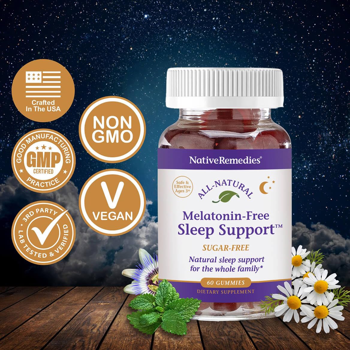 Native Remedies Melatonin-Free Sleep Gummies – Sugar-Free Herbal Sleep Aid for Adults (GABA, Magnesium, L-Theanine & Valerian) – 60 Gummies