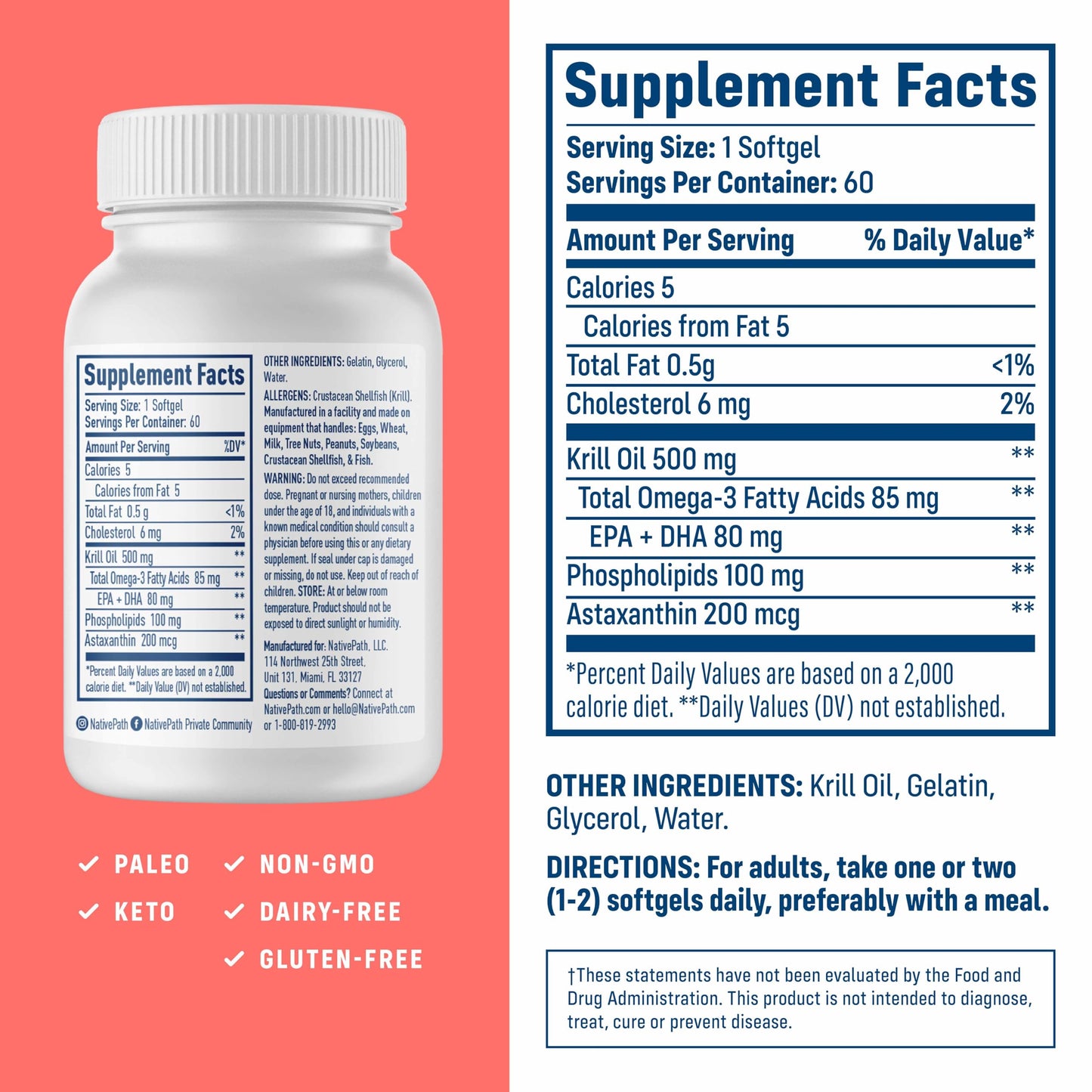 NativePath Antarctic Krill Oil 500mg Softgels | Wild-Caught Omega-3 EPA DHA & Astaxanthin | 60 Count