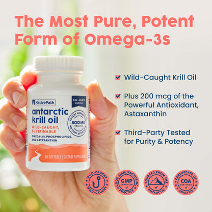 NativePath Antarctic Krill Oil 500mg Softgels | Wild-Caught Omega-3 EPA DHA & Astaxanthin | 60 Count