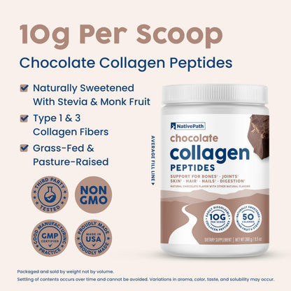 NativePath Collagen Peptides Chocolate – Hydrolyzed Type 1 & 3, Grass-Fed (268g)