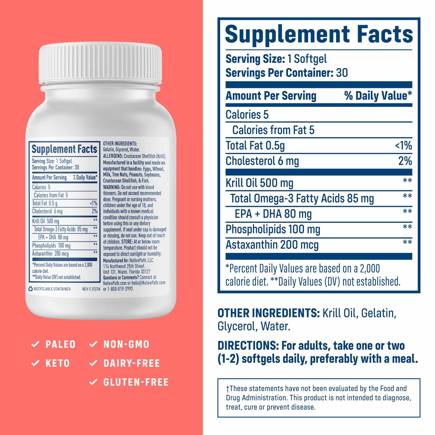 NativePath Krill Oil 500mg + Astaxanthin 200mcg | Phospholipid Omega-3 EPA/DHA, 30 Softgels