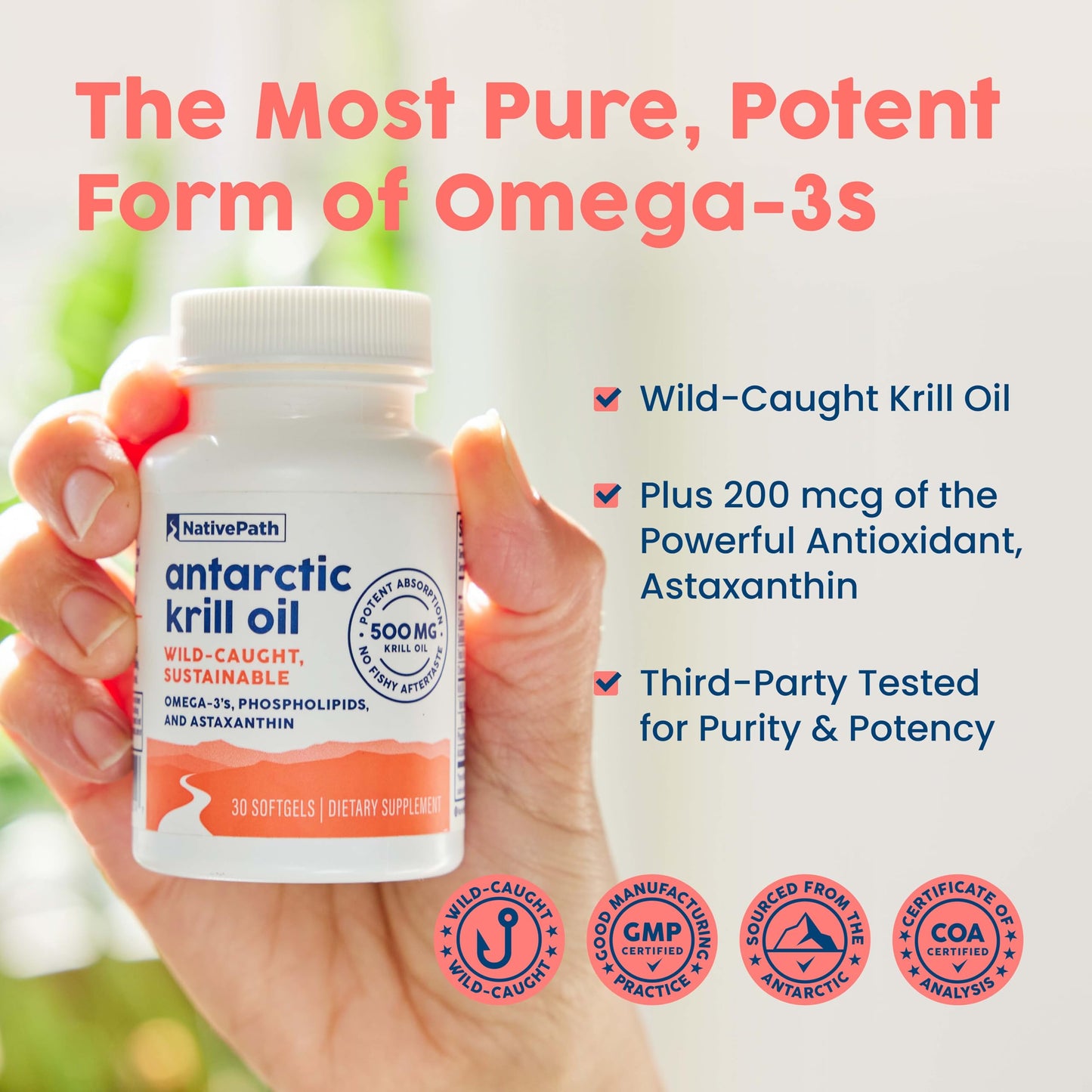 NativePath Krill Oil 500mg + Astaxanthin 200mcg | Phospholipid Omega-3 EPA/DHA, 30 Softgels