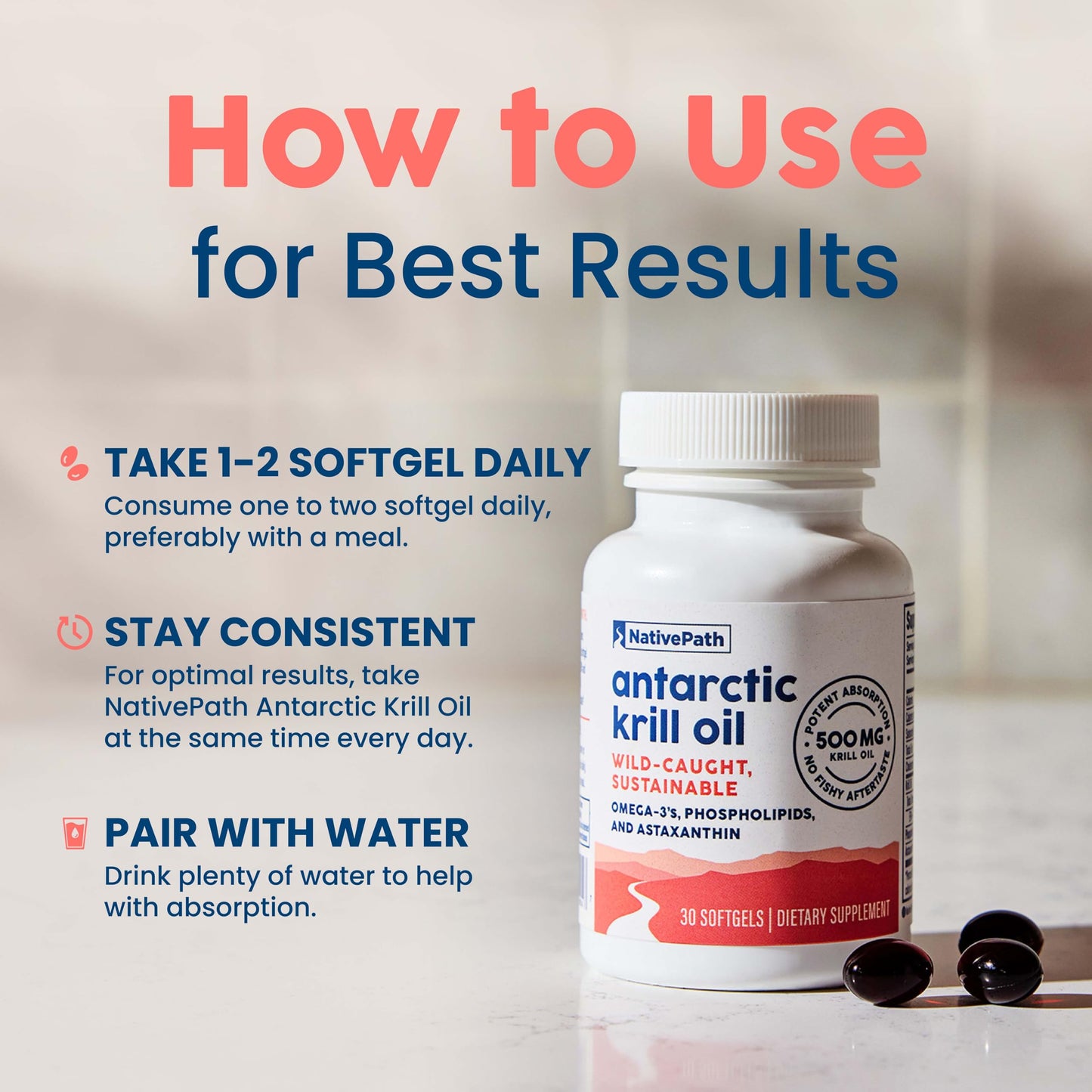 NativePath Krill Oil 500mg + Astaxanthin 200mcg | Phospholipid Omega-3 EPA/DHA, 30 Softgels