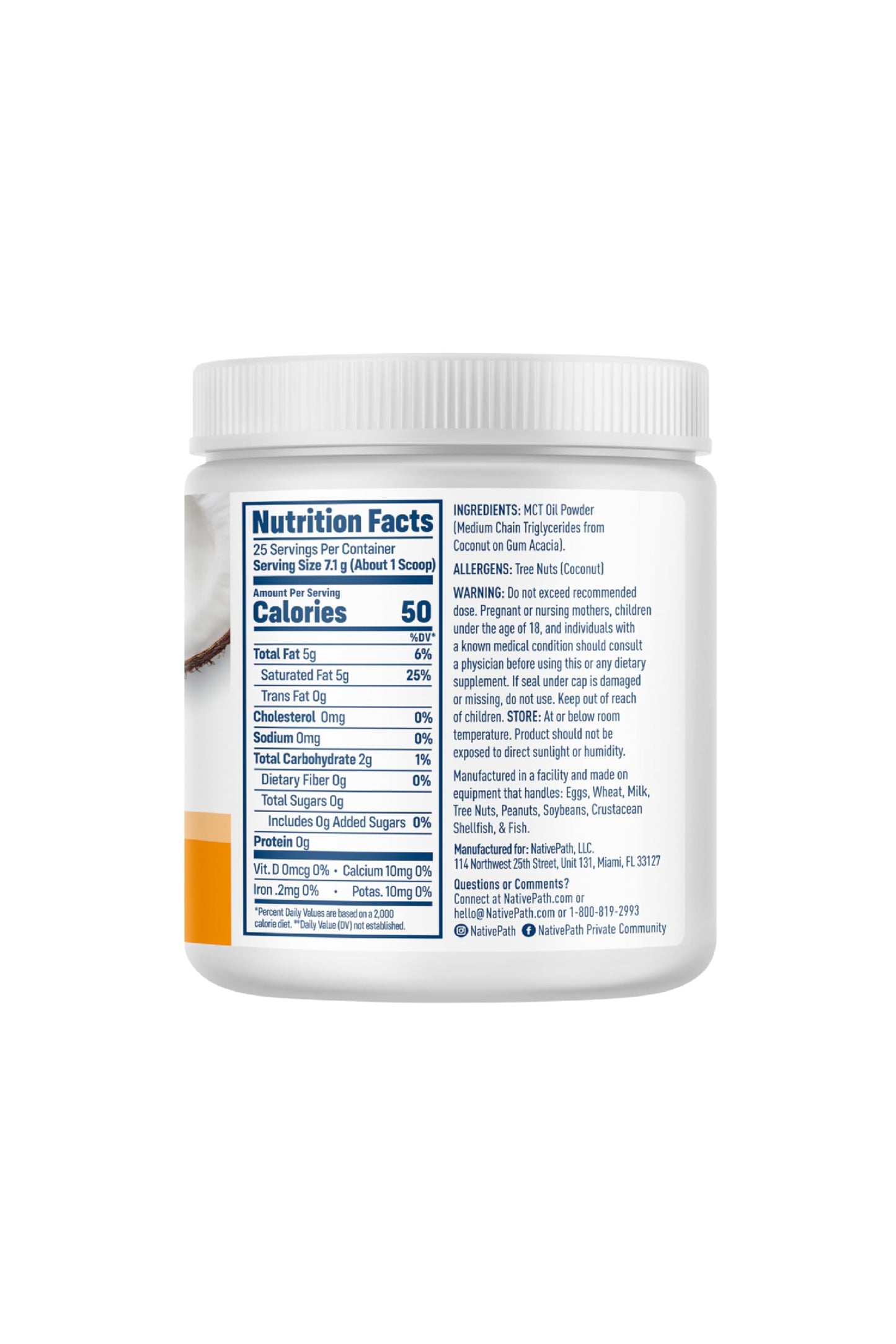 NativePath MCT Powder – Unflavored Keto MCTs (C8/C10), Dairy-Free, Gluten-Free, Non-GMO | 25 Servings