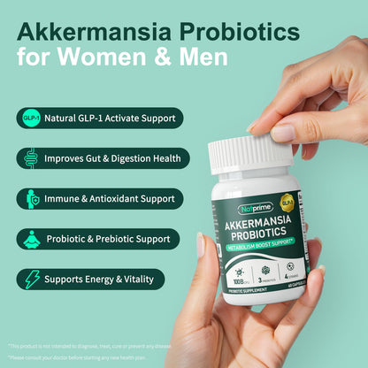 Natprime Akkermansia Probiotic GLP-1 Supplement – 100B CFU Akkermansia Muciniphila, Prebiotic Fiber, Metabolism & Gut Health | 60 Capsules