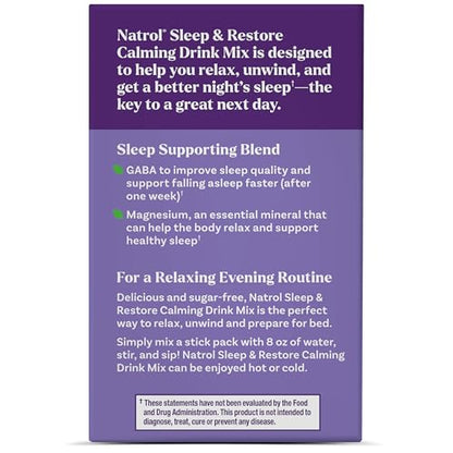Natrol Sleep + Restore Calming Drink Mix with Magnesium Glycinate, GABA, Lemon Chamomile – 10 Stick Packs