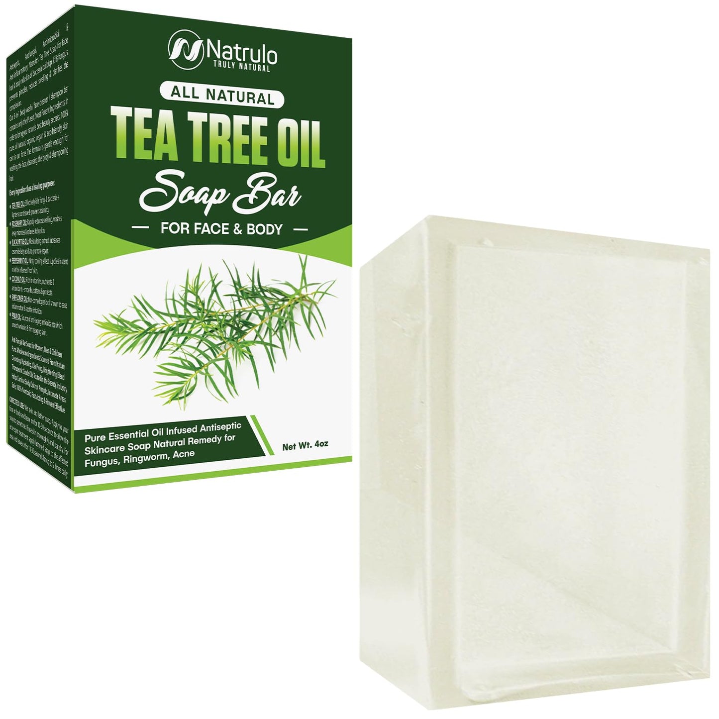 Natrulo Tea Tree Oil Soap Bar 4oz – Antifungal Skin Cleanser for Face, Body & Hair