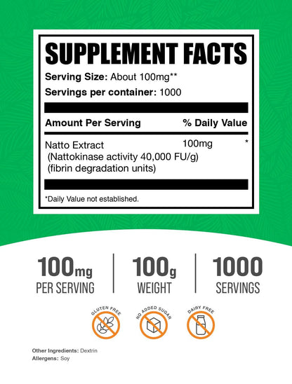 BulkSupplements Nattokinase Powder - Natto Powder, 4000 FU, 100 mg/Serving, 100 g