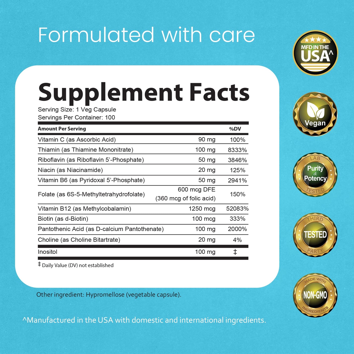 NaturaLife Labs Vitamin B-Complex with Vitamin C & Folic Acid | 100 Capsules