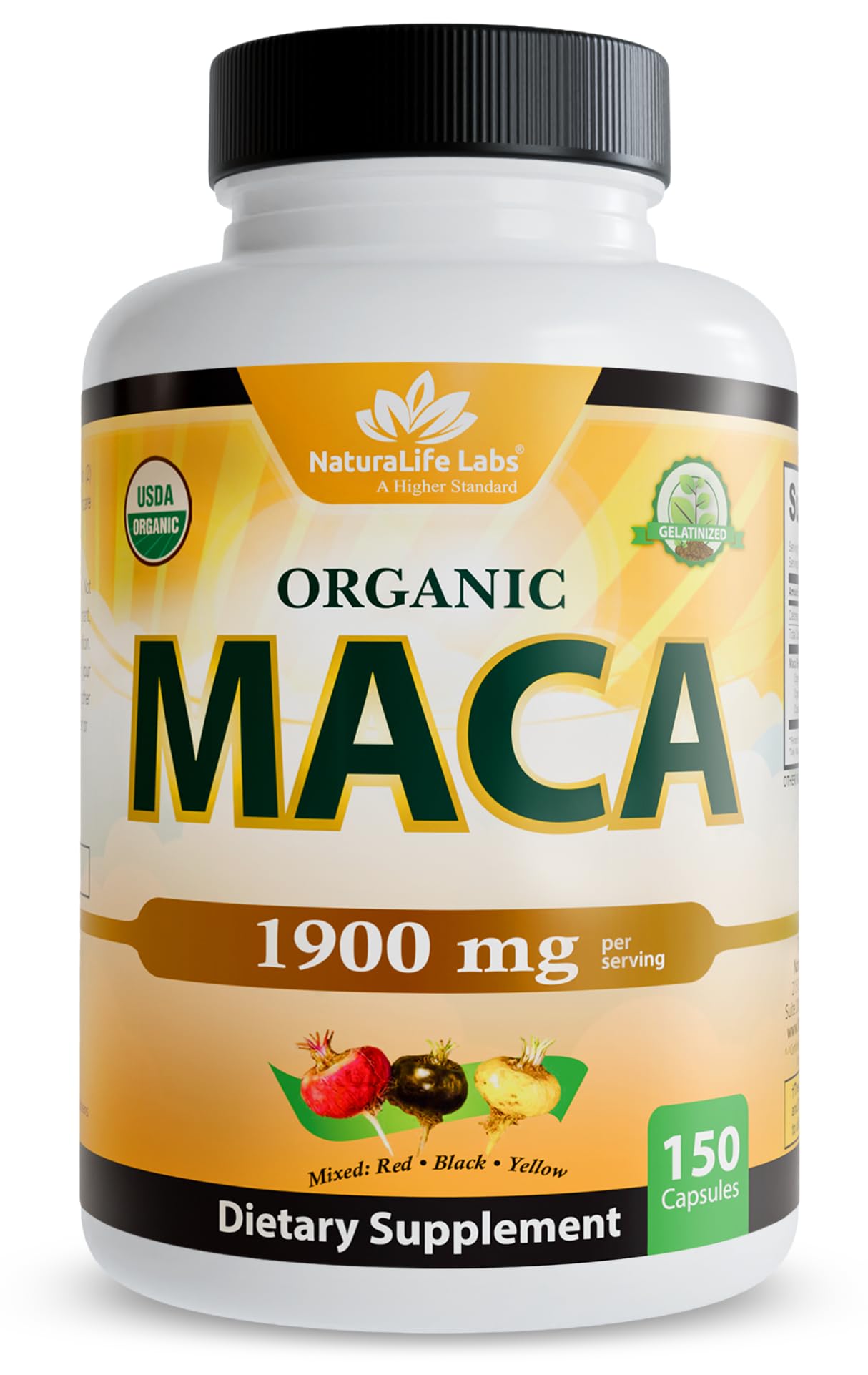 NaturaLife Labs Organic Maca Root – Black, Red & Yellow | 1900 mg per Serving | 150 Capsules | Vegan