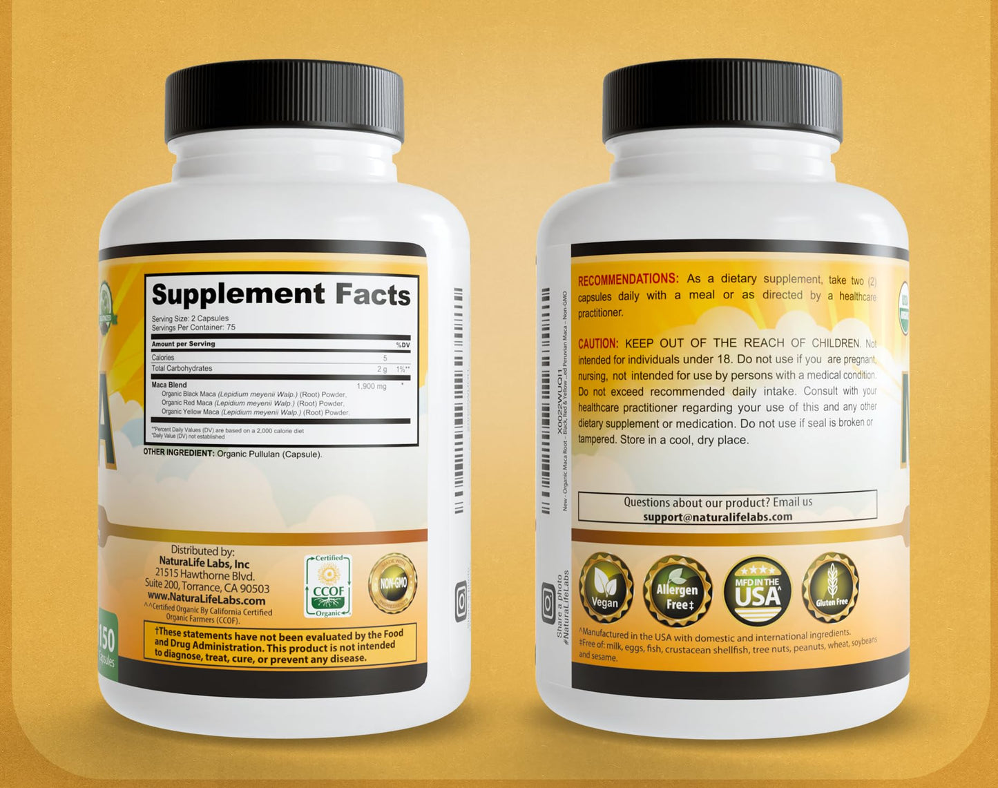NaturaLife Labs Organic Maca Root – Black, Red & Yellow | 1900 mg per Serving | 150 Capsules | Vegan