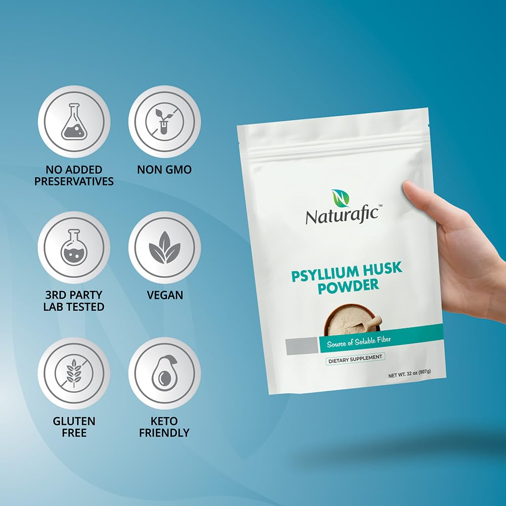 Naturafic Psyllium Husk Powder Unflavored – Digestive Fiber for Bowel Regularity & Gut Health – Non-GMO, Gluten-Free, Vegan, Keto – 32oz