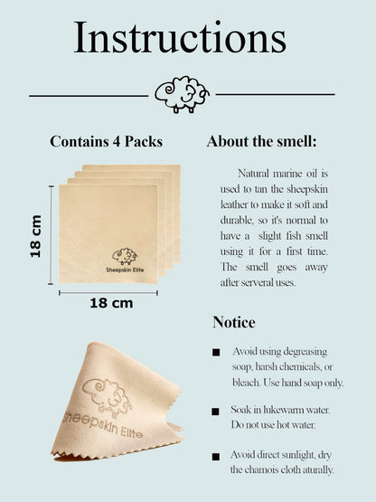 Natural Chamois Leather Cleaning Cloths – 4 Pack, Small | Eyeglasses, Camera Lens, Screens