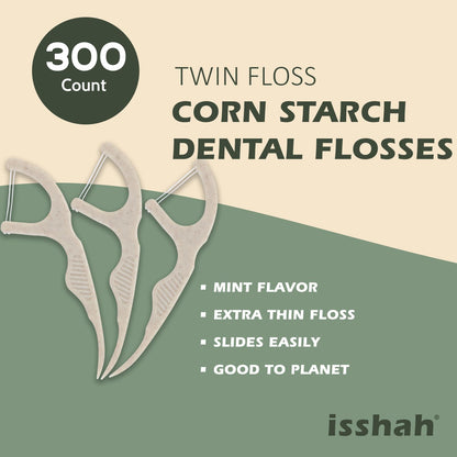 Natural Dental Floss Picks (300 Count) – Kraft Paper Box, Plant-Based, Vegan Mint Twin Floss