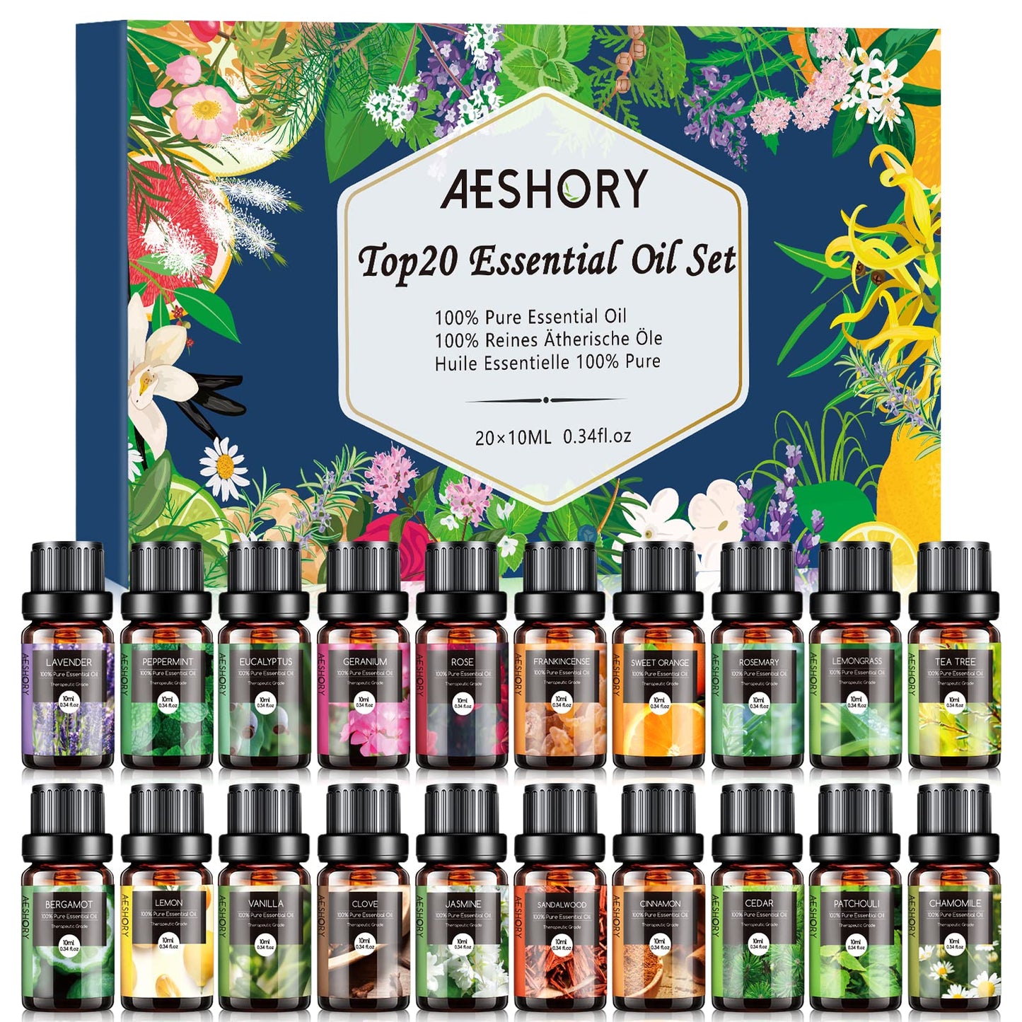Natural Essential Oils Gift Set - 20 x 10ml for Diffuser, Massage & DIY Fragrance
