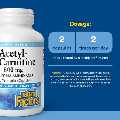 Natural Factors Acetyl-L-Carnitine 500 mg | Memory & Brain Function | 120 Capsules (60 Servings)