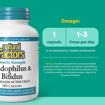 Natural Factors Acidophilus & Bifidus Double Strength Probiotic – 180 Capsules