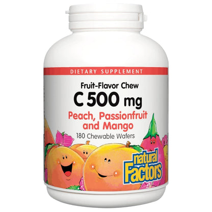 Natural Factors Kids Chewable Vitamin C 500 mg | Supports Immune Health, Bones & Gums – Peach, Passionfruit & Mango (180 Wafers)