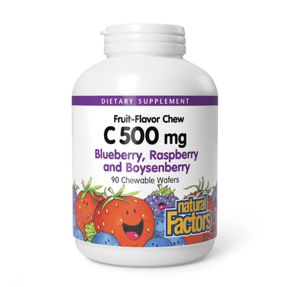 Natural Factors Kids Vitamin C 500 mg – Immune Support, Bones & Teeth (90 Count) – Blueberry, Raspberry & Boysenberry
