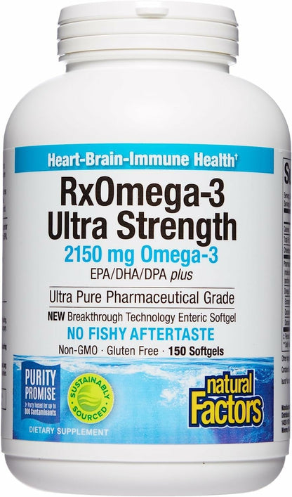 Natural Factors RxOmega-3 Ultra Strength 2150 mg – EPA & DHA Omega-3 for Heart, Brain & Eye Health (150 Softgels)