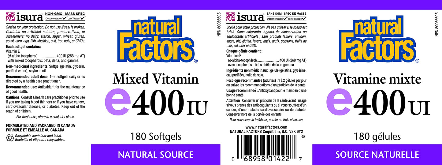 Natural Factors Mixed Vitamin E 400 IU – Antioxidant Support (180 Softgels)
