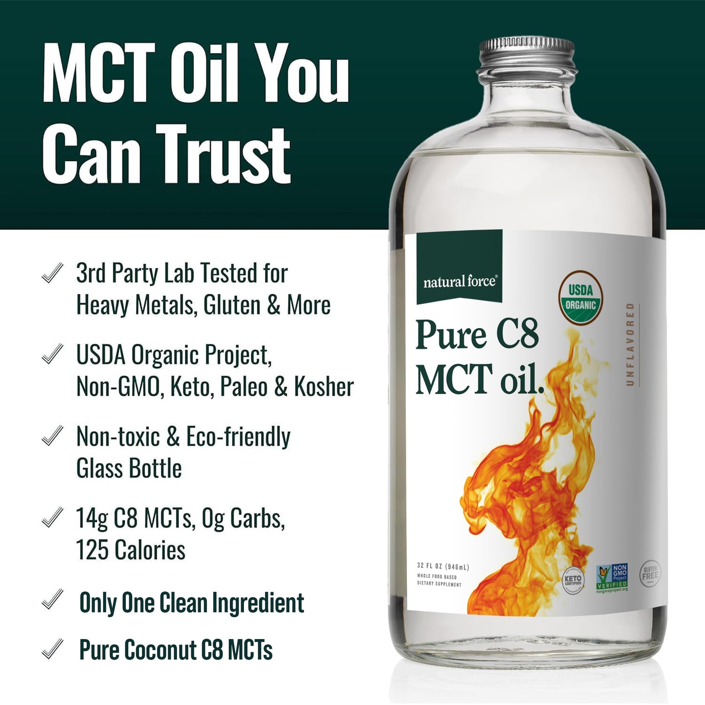 Natural Force Organic Pure C8 MCT Oil – 32 oz Glass Bottle | Keto, Paleo, Kosher, Vegan