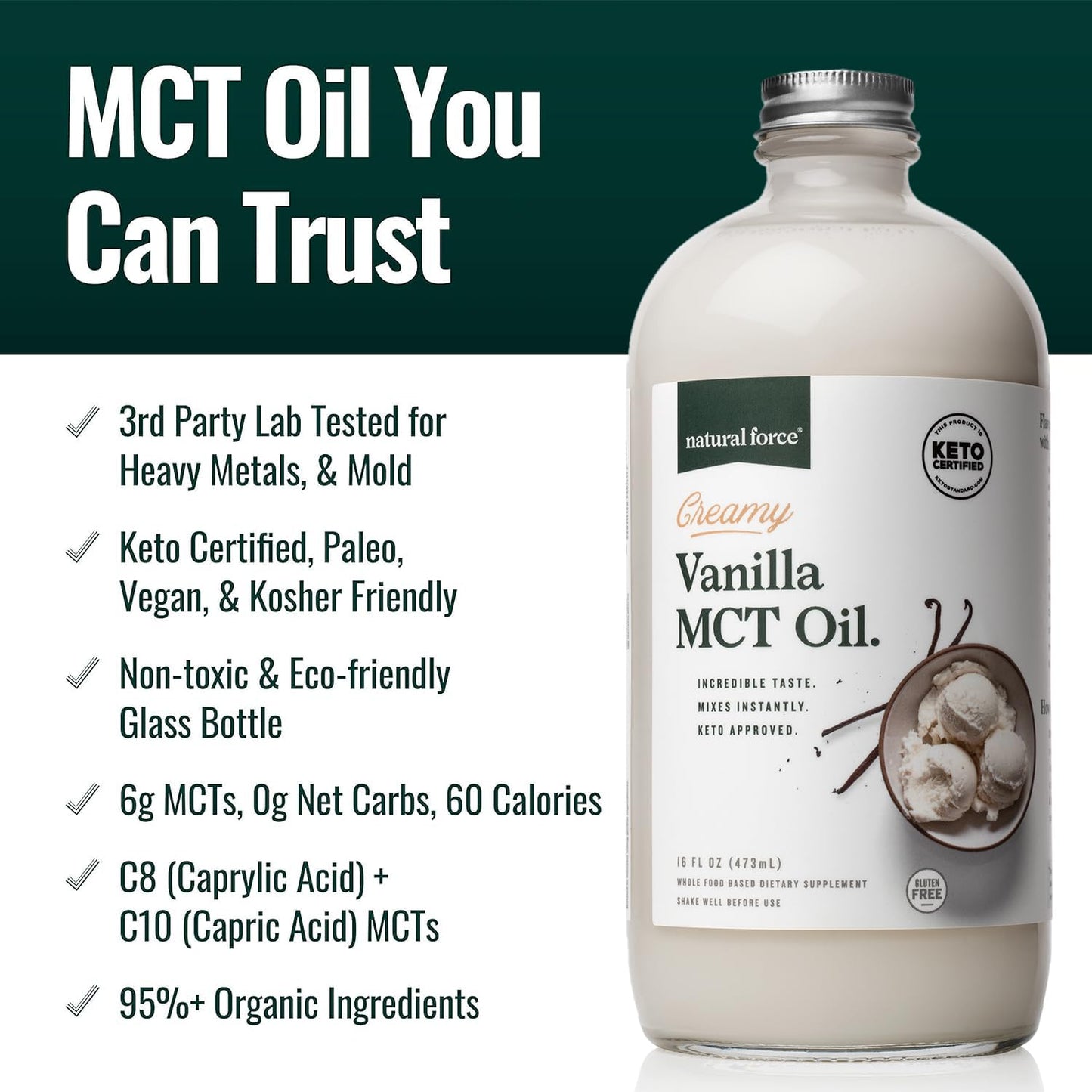 Natural Force Creamy Vanilla MCT Oil - Non-Dairy, Keto Certified, 16 oz