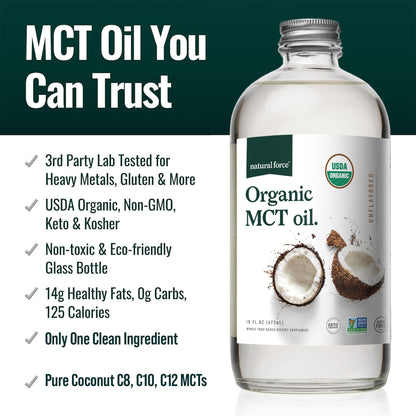 Natural Force Organic MCT Oil – 16 oz Glass Bottle | Keto, Paleo, Kosher, Vegan & Non-GMO