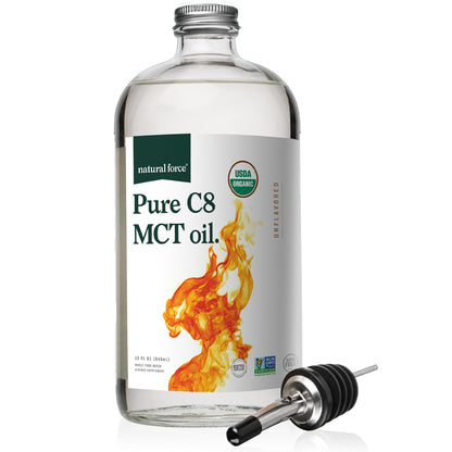Natural Force Organic Pure C8 MCT Oil – 32 oz Glass Bottle | Keto, Paleo, Kosher, Vegan