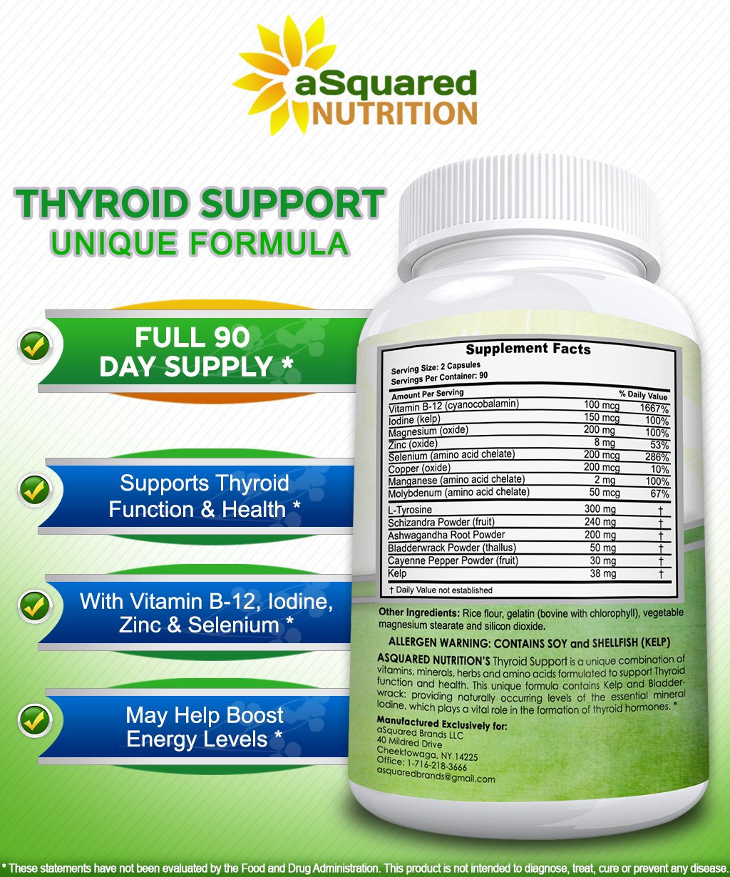 aSquared Nutrition Premium Thyroid Support – 180 Capsules | Iodine, Ashwagandha, Bladderwrack & Kelp