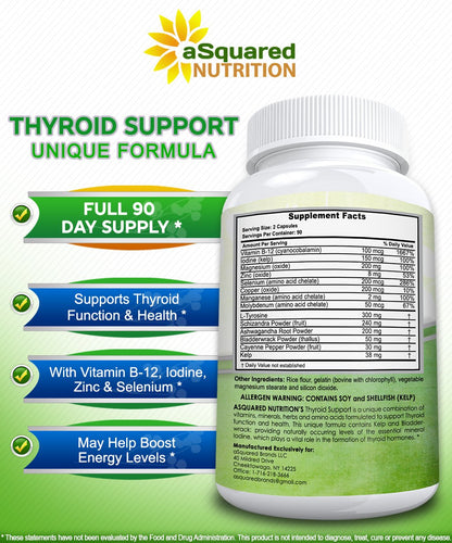 aSquared Nutrition Premium Thyroid Support – 180 Capsules | Iodine, Ashwagandha, Bladderwrack & Kelp