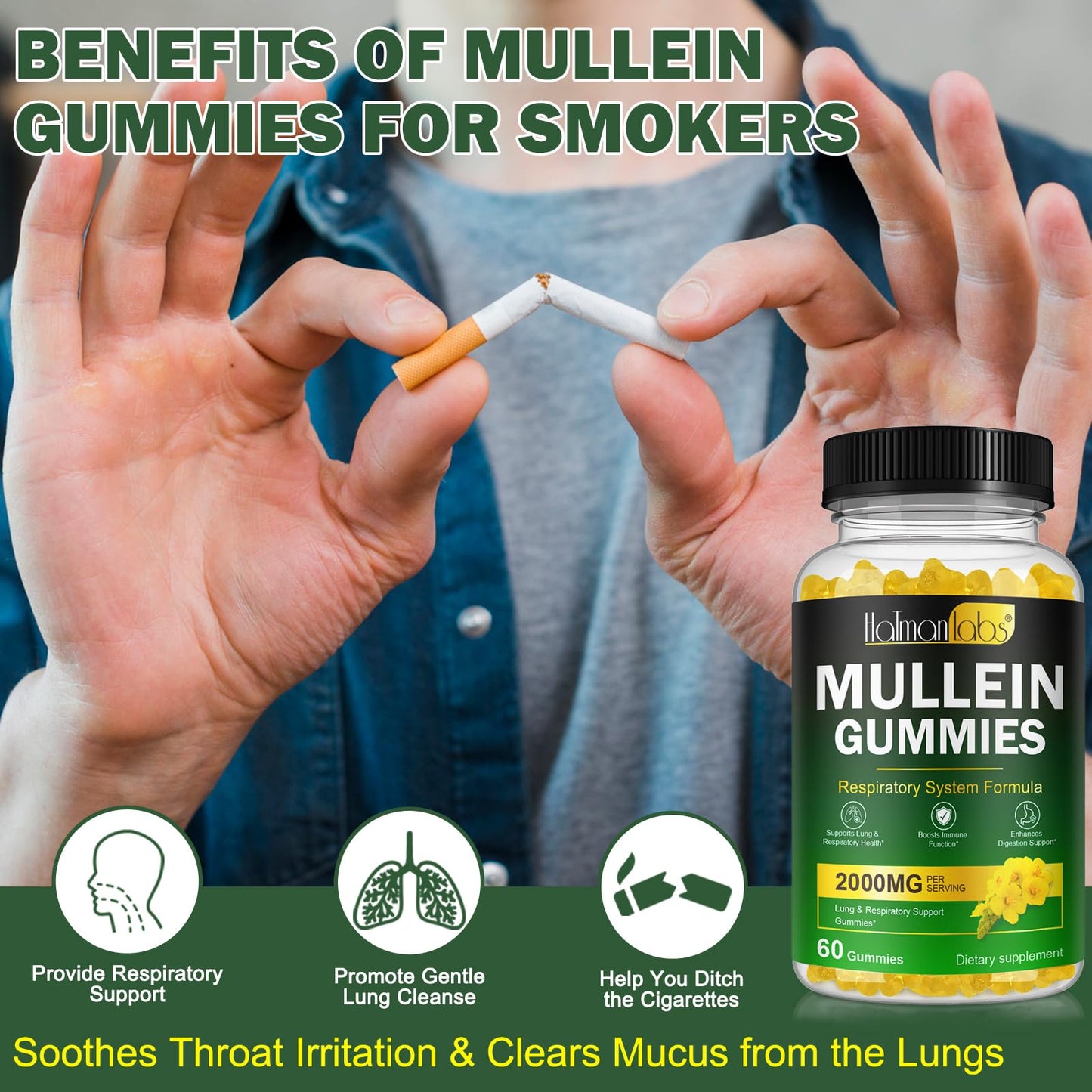 120 Count Mullein Gummies for Lungs – Pear Flavor, 2000 MG Mullein Leaf Extract