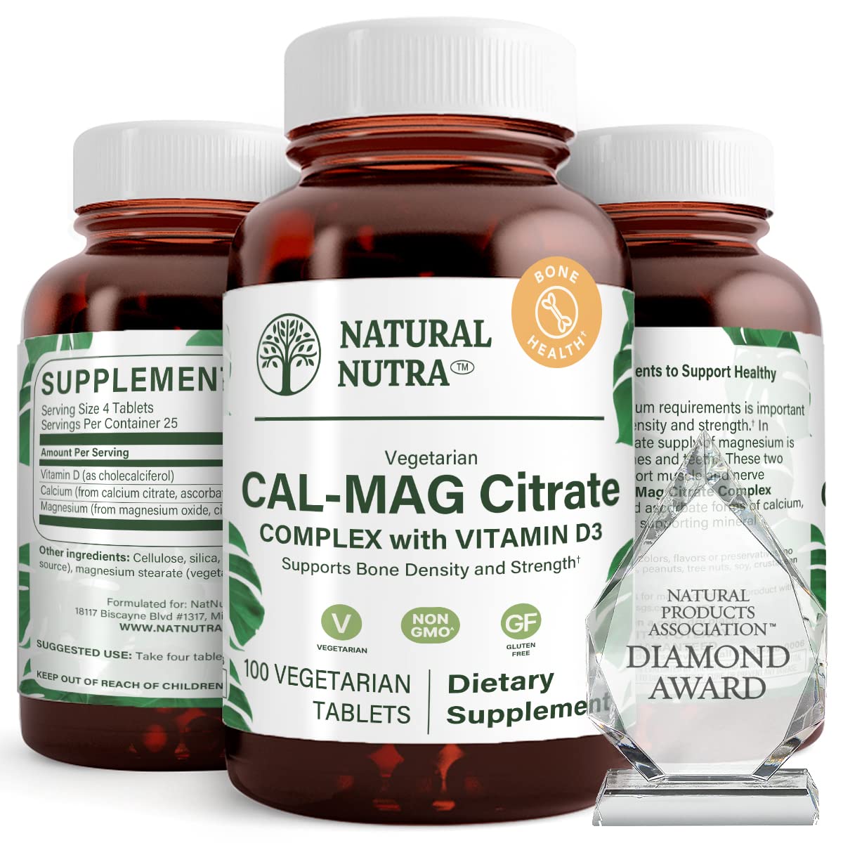 Natural Nutra Cal-Mag Citrate with Vitamin D3 - 1000/500 mg, Vegan, 100 Tablets