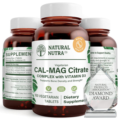 Natural Nutra Cal-Mag Citrate with Vitamin D3 - 1000/500 mg, Vegan, 100 Tablets