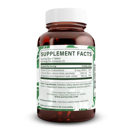 Natural Nutra Cal-Mag Citrate with Vitamin D3 - 1000/500 mg, Vegan, 100 Tablets