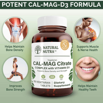 Natural Nutra Cal-Mag Citrate with Vitamin D3 - 1000/500 mg, Vegan, 100 Tablets