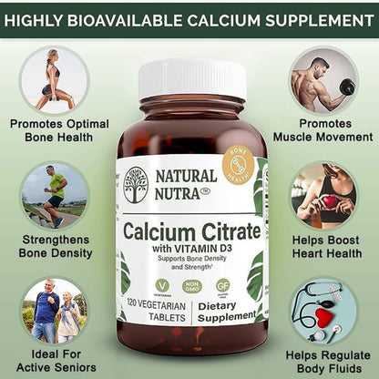 Natural Nutra Calcium Citrate with Vitamin D3 – Bone Health & Heart Support, 120 Tablets