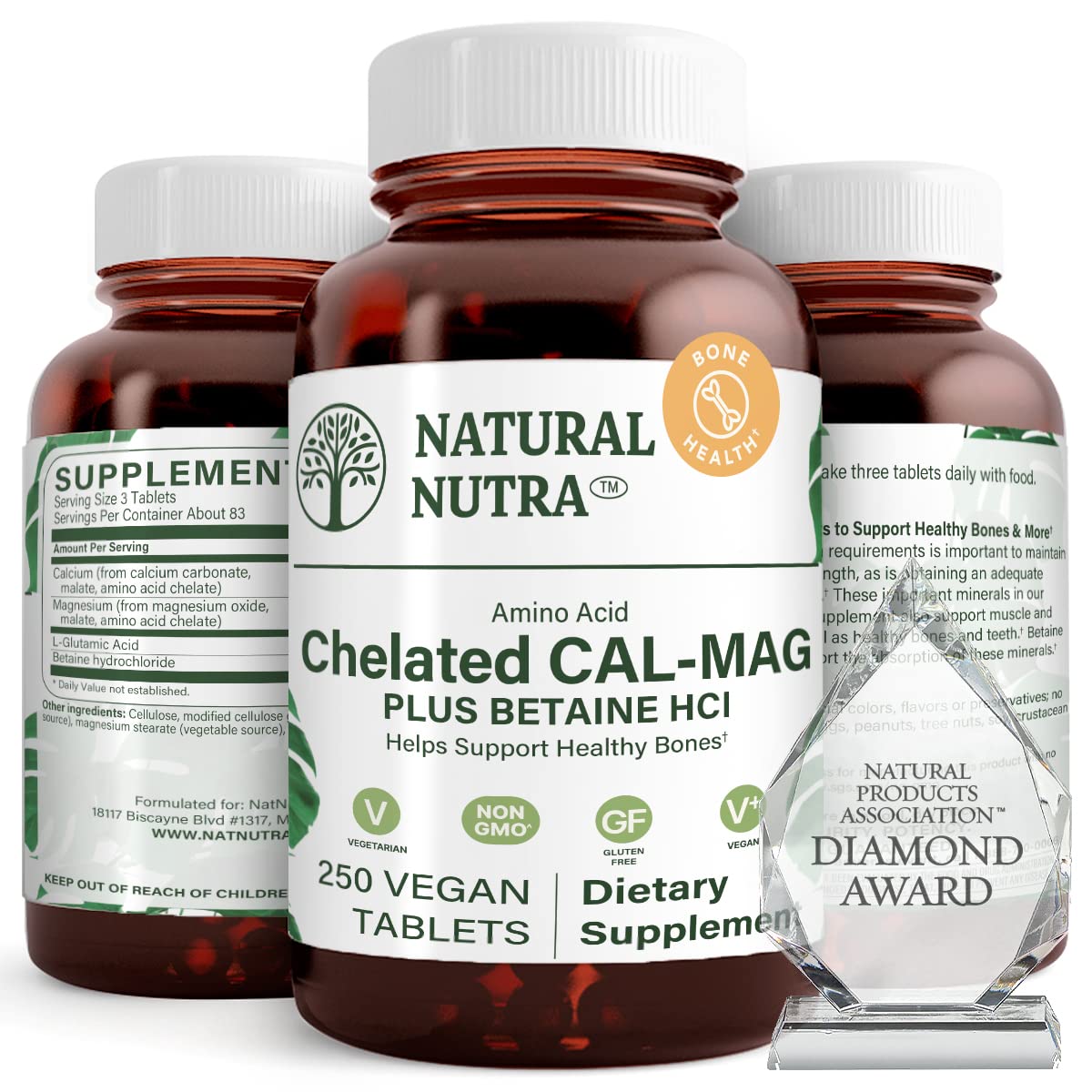 Natural Nutra Chelated Calcium Magnesium 1000/500 mg - Vegan 250 Tablets