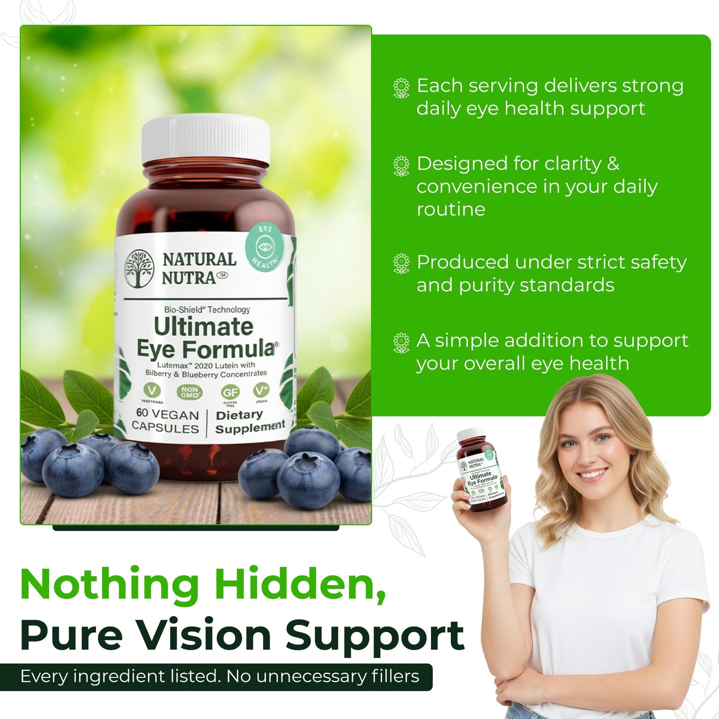Natural Nutra Eye Health Supplement - Bilberry & Blueberry for Day & Night Vision, Vegan & Non-GMO