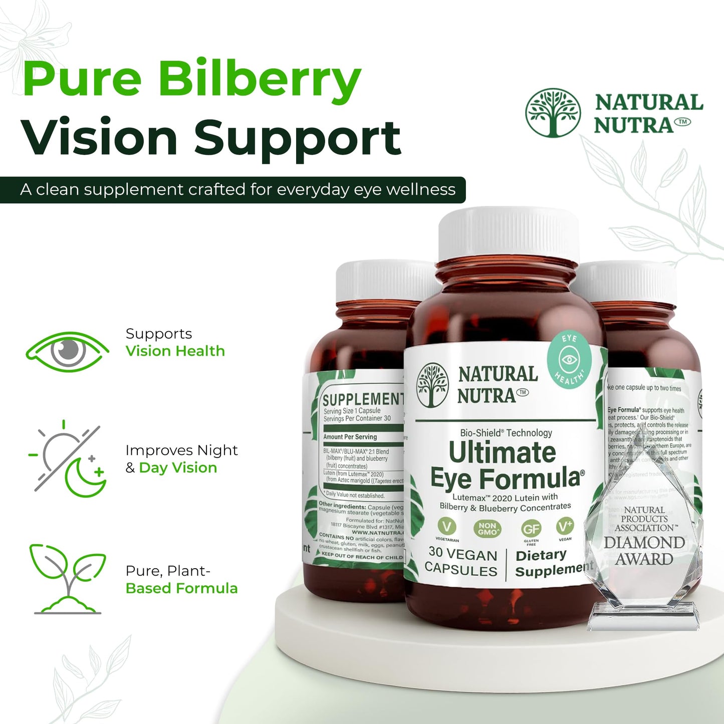Natural Nutra Eye Health Supplement - Bilberry & Blueberry for Day & Night Vision, Vegan & Non-GMO