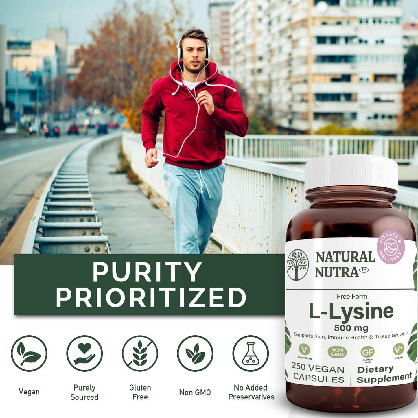 Natural Nutra L Lysine HCl 500 mg | Bone Health, Skin Support, Vegan, Non-GMO, 250 Capsules