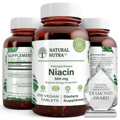 Natural Nutra Niacin 500mg Time-Release – Vitamin B3 for Heart Health, Skin & Cognition | 250 Vegan Tablets