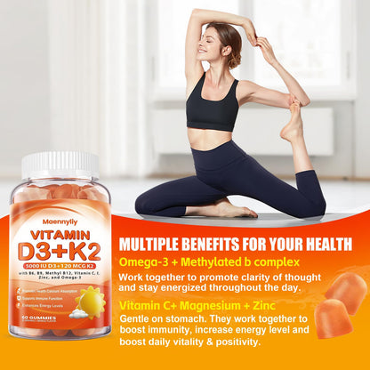 Vitamin D3 K2 Gummies for Adults – 5000IU D3 + 120mcg MK-7 K2 | Sugar-Free, Omega-3 & B Vitamins