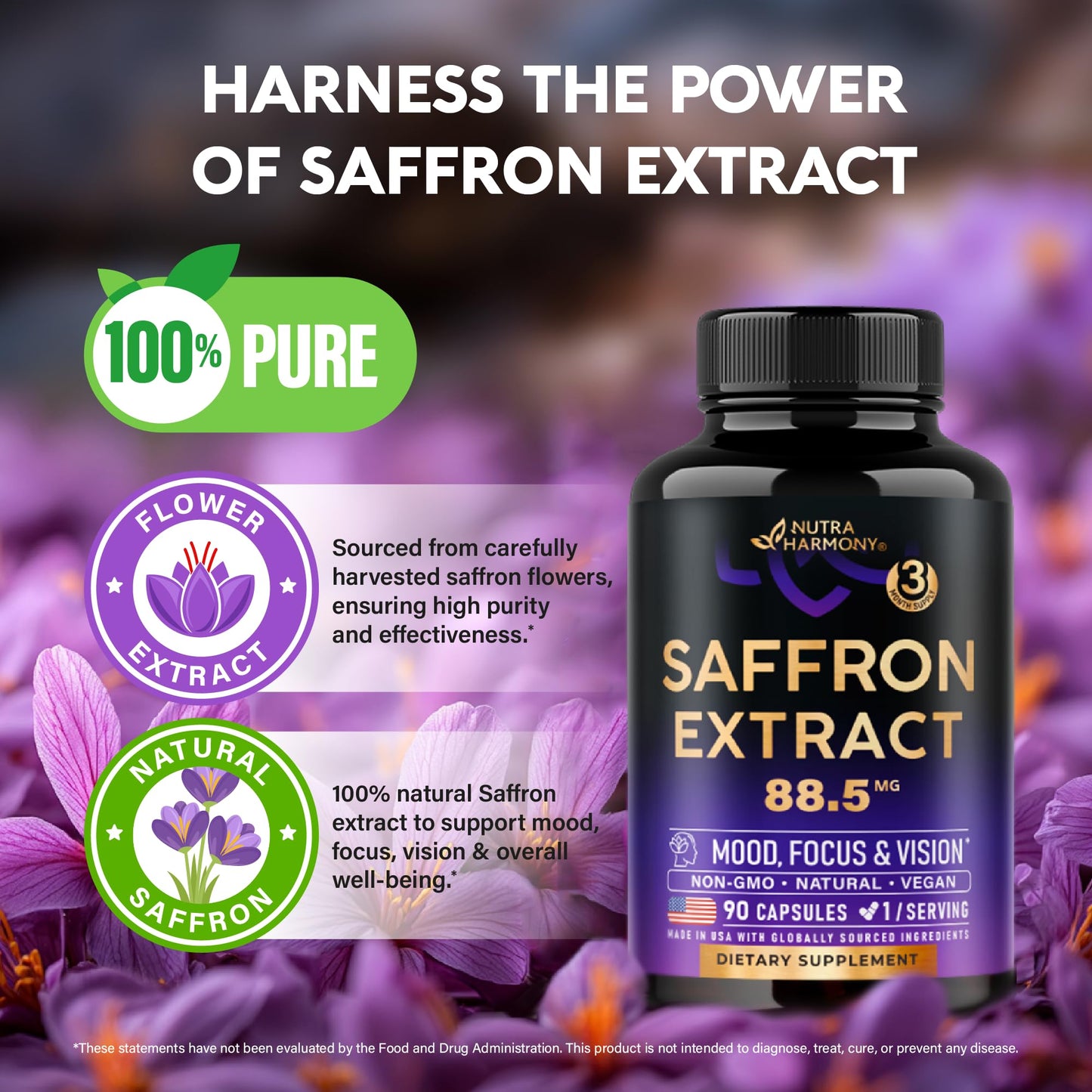 Natural Saffron Supplements – 88.5 mg Extract | Made in USA