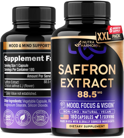 Natural Saffron Supplements 88.5 mg | Mood, Focus, Vision Support | Made in USA