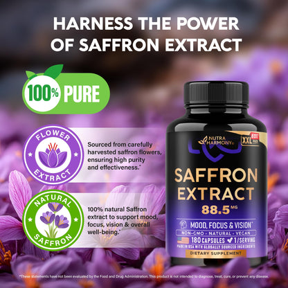 Natural Saffron Supplements 88.5 mg | Mood, Focus, Vision Support | Made in USA